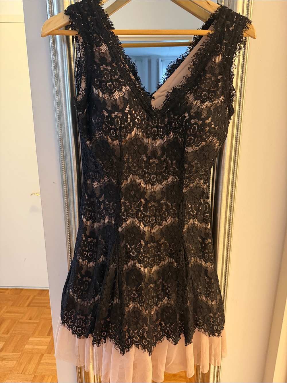 Avery Black Lace Overlay Dress with Nude Lining